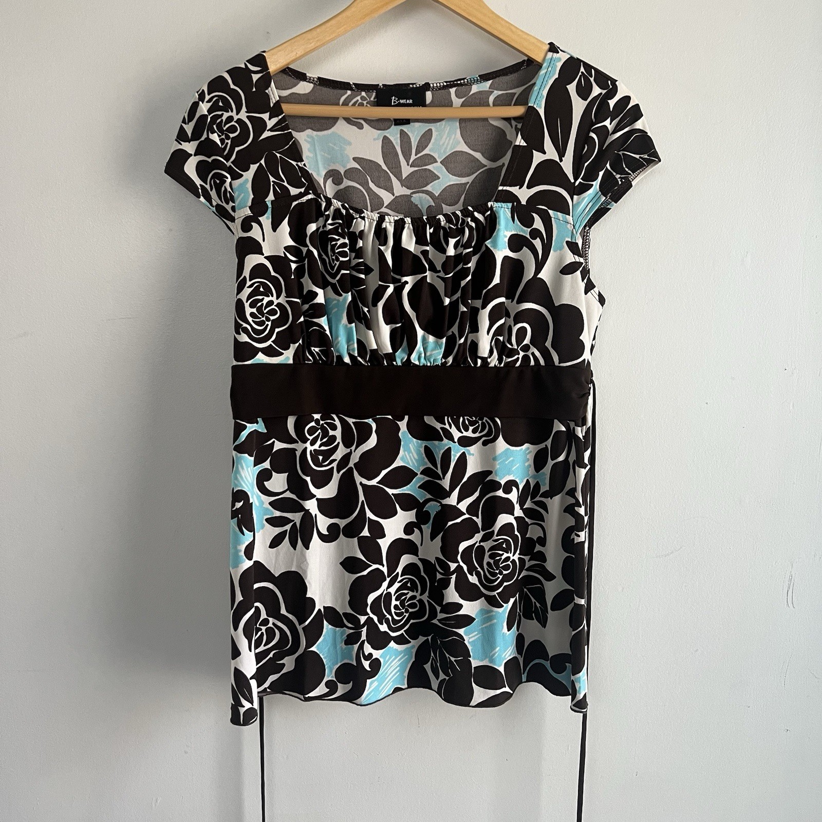 B Wear Byer California Women’s XL Floral Empire Waist Blouse Brown Blue White