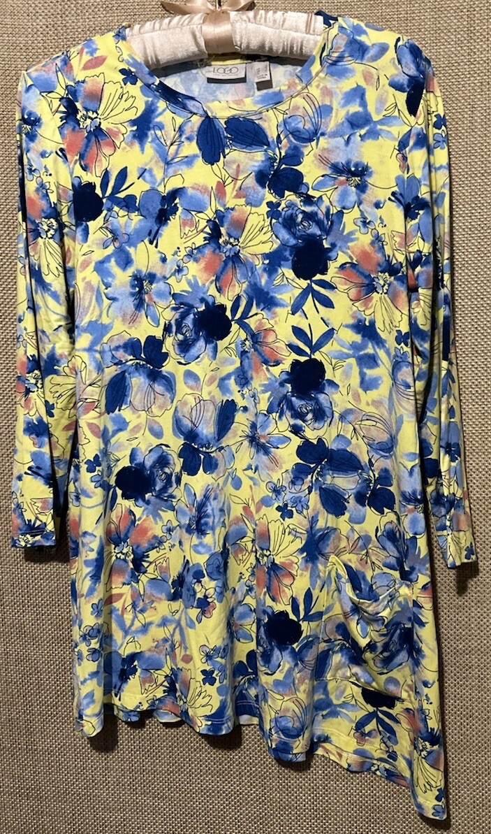 LOGO Top S Yellow Floral Stretch Knit Viscose Spandex Blend Popover Tee Shirt