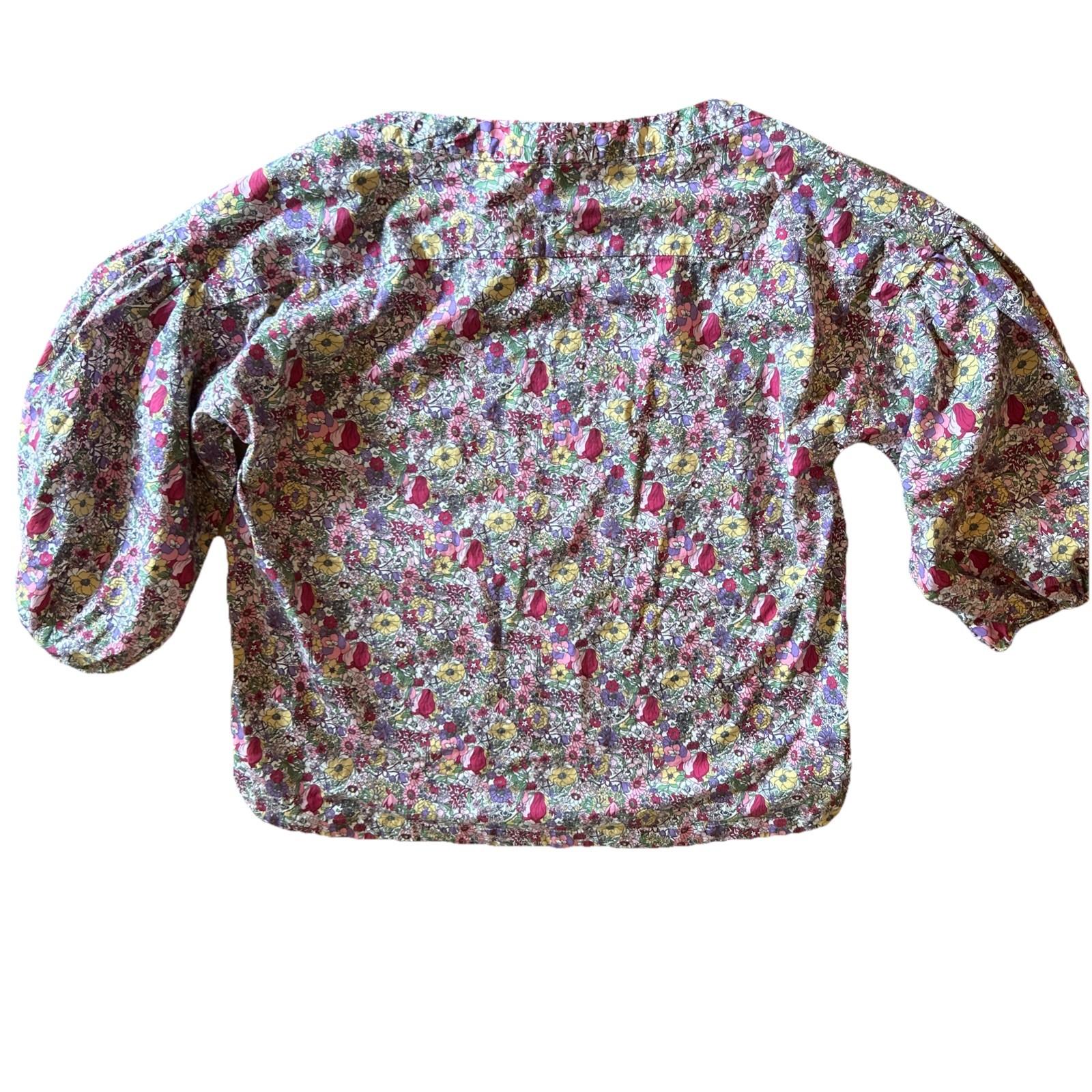 Buru Boatneck Top With Floral Print 3/4 Balloon Sleeves Gold Buttons, Size XL
