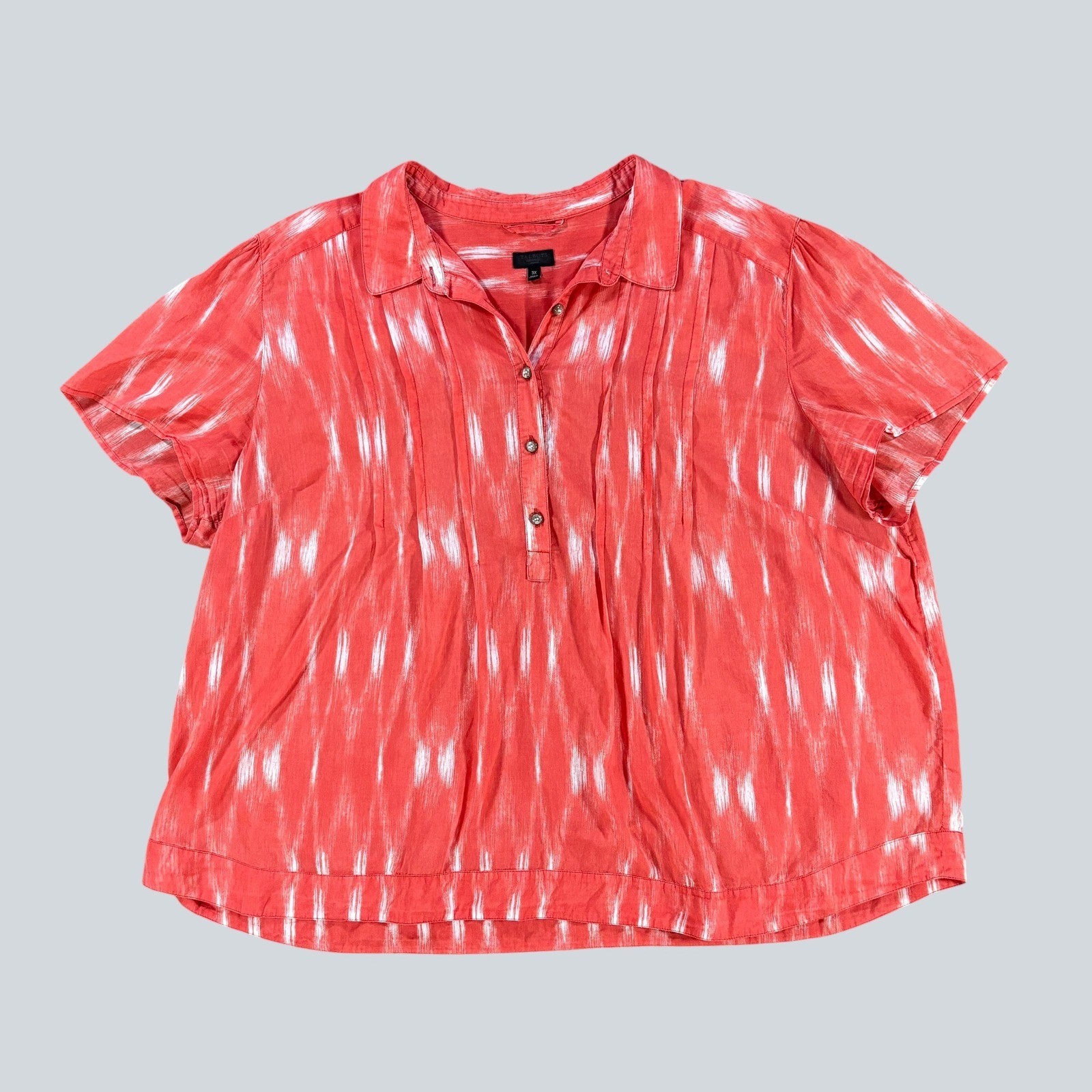 Talbots Woman 3X Coral Ikat Print Cotton Pintuck Short Sleeve Blouse Boho Top