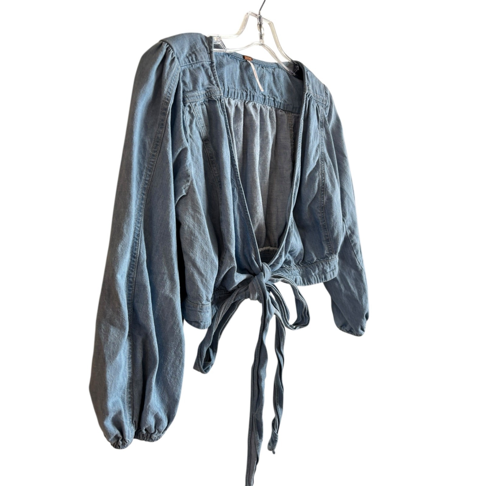 Free People Sophie Denim Wrap Crop Top Light Wash Cotton Small Y2K Tie Front