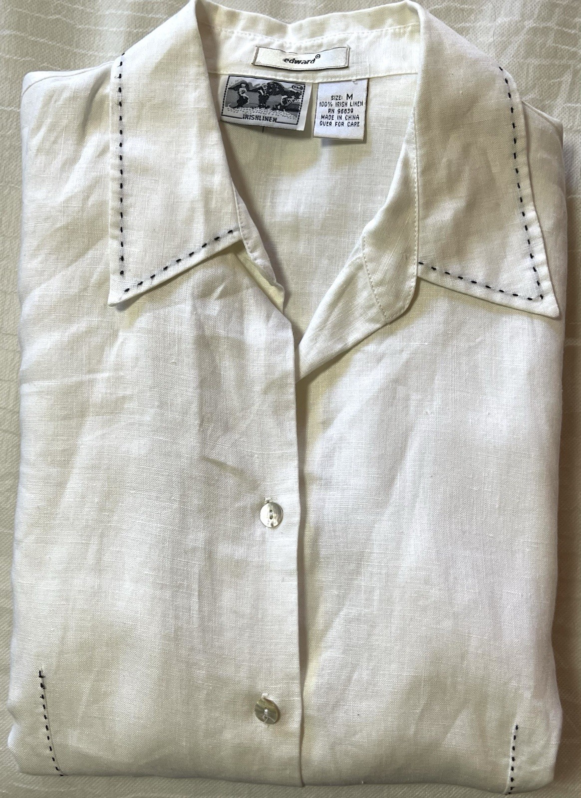 Edward Womens M White Irish Linen Long Sleeve Shirt, Shell Buttons, Black Ticks
