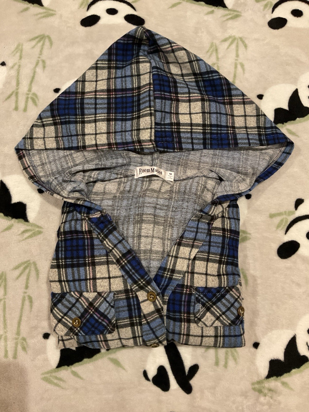Roommates Junior’s Flannel Top Size Medium Blue Plaid Hooded