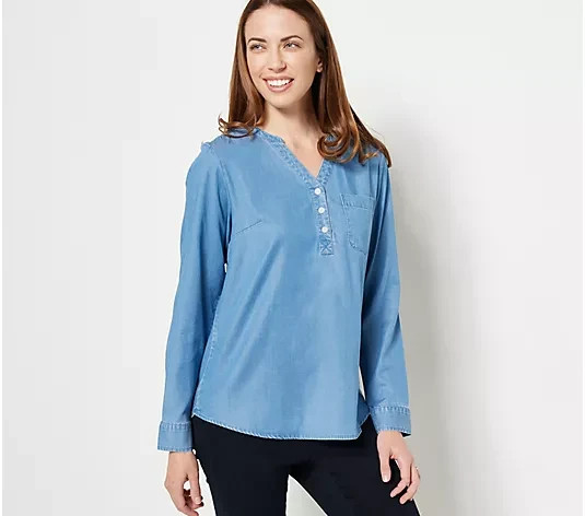 Denim & Co. Stretch Y-Neck Long-Sleeve Blouse Light Wash XL New