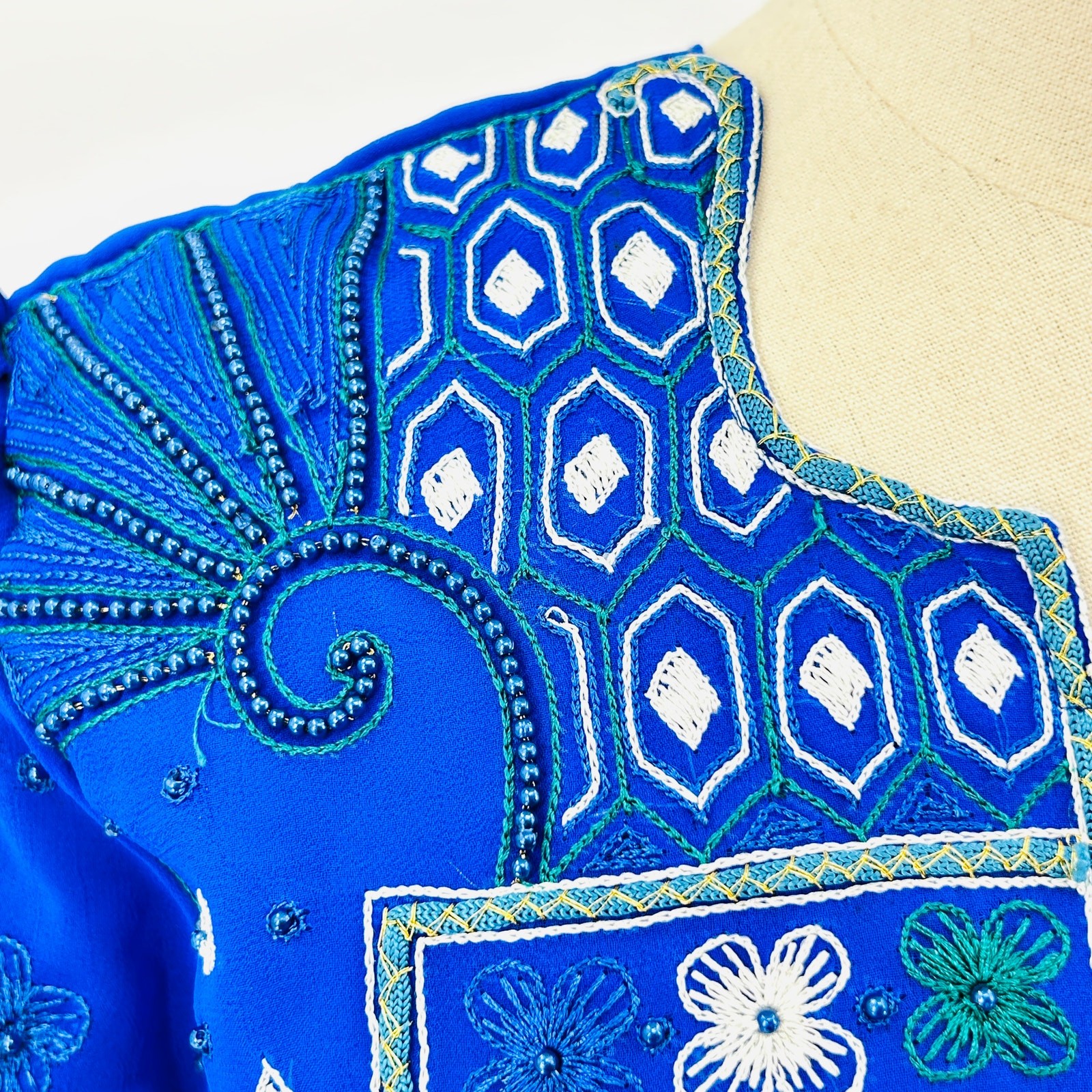 Handmade Blue Embroidered Indian Sari Lehenga Floral Beaded Blouse