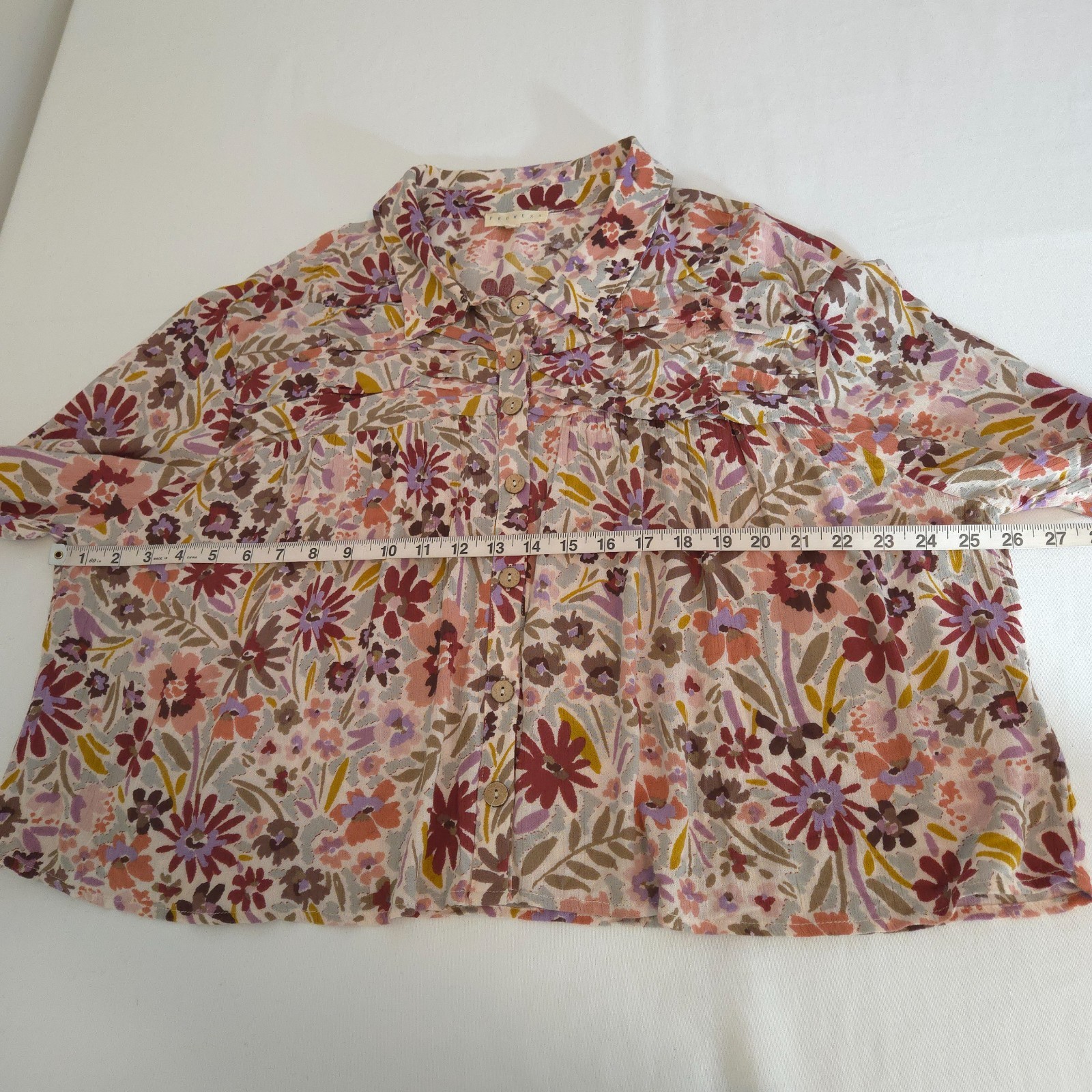 Promesa Women’s Boho Floral Print Blouse Button Front Boxy Long Sleeves Size L