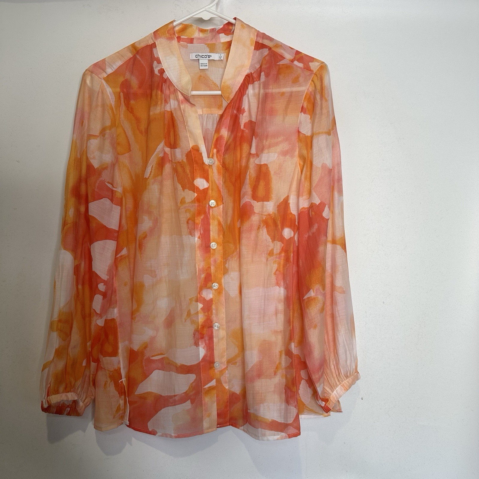 Chicos Womens Tunic Top Size 1 Medium Orange Light Weight Semi Sheer Button Up