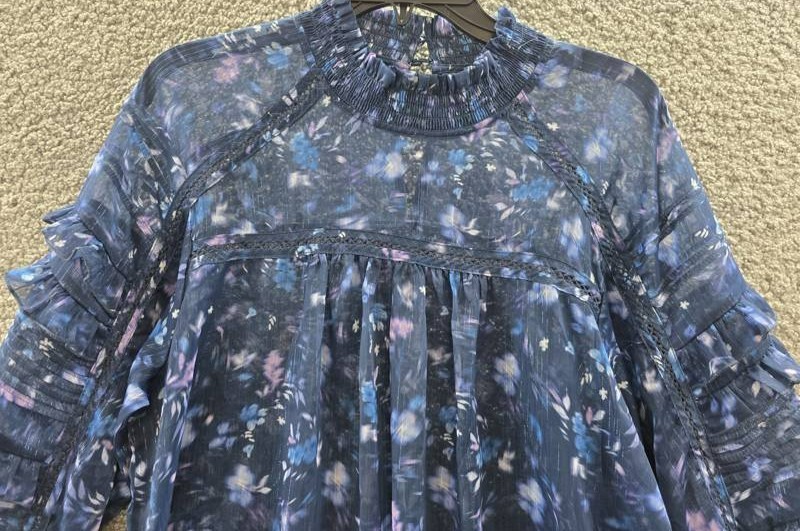 French Connection Smocked Anifrida Arica Pleat-Sleeve Top Women’s L Blue Depth