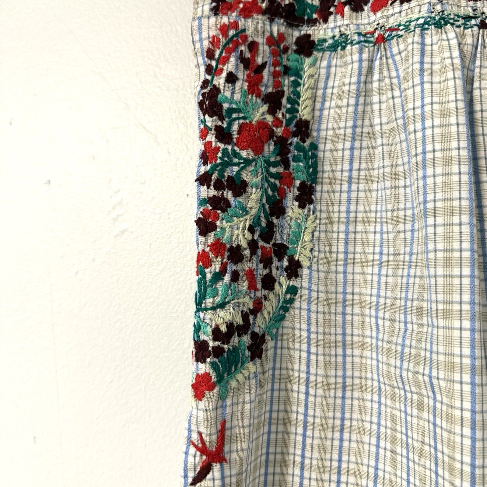Mi Golondrina Hand Embroidered Tunic Top Blouse Red Green Floral Plaid S Mexico