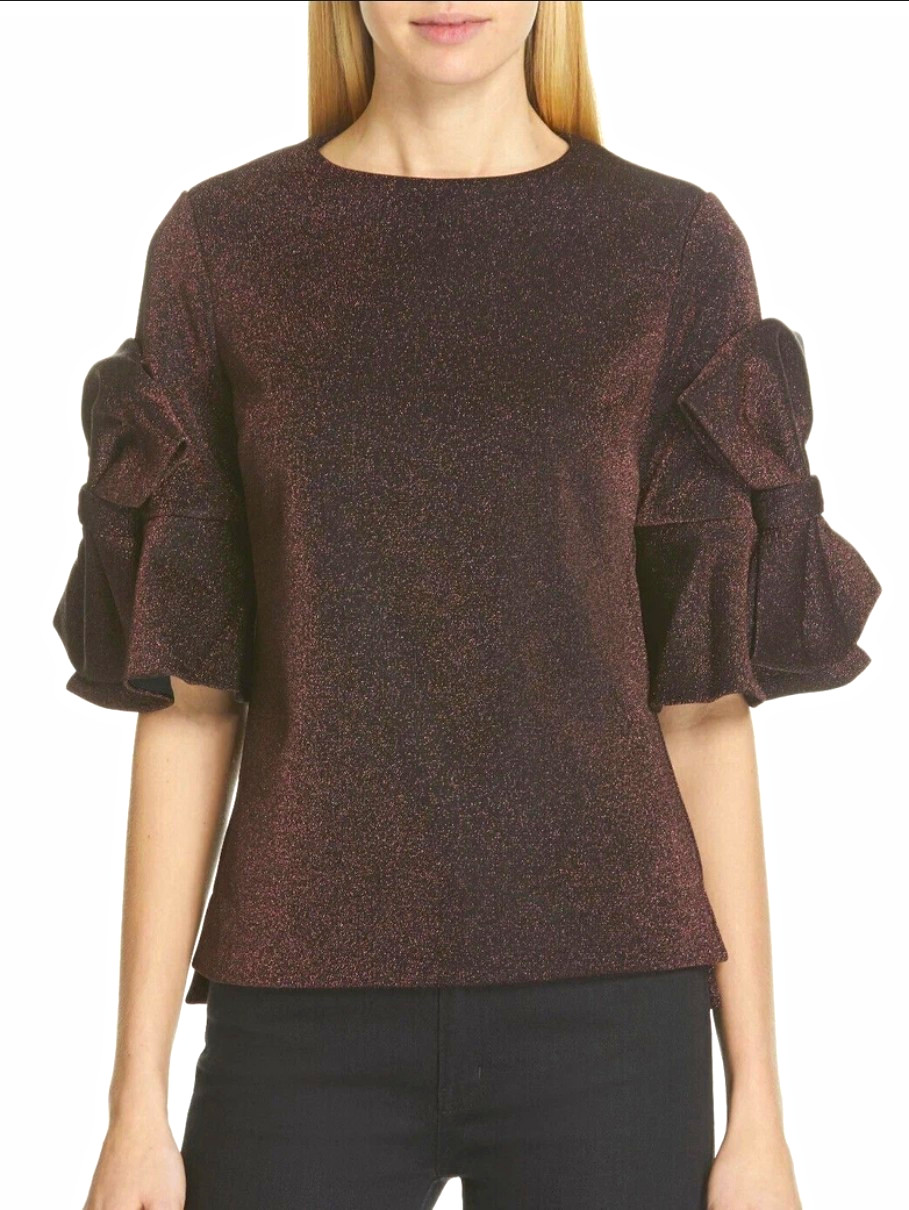 Ted Baker London Burgundy Solid Knit Blouse Bow Puff Short Sleeve Zip Back| 5