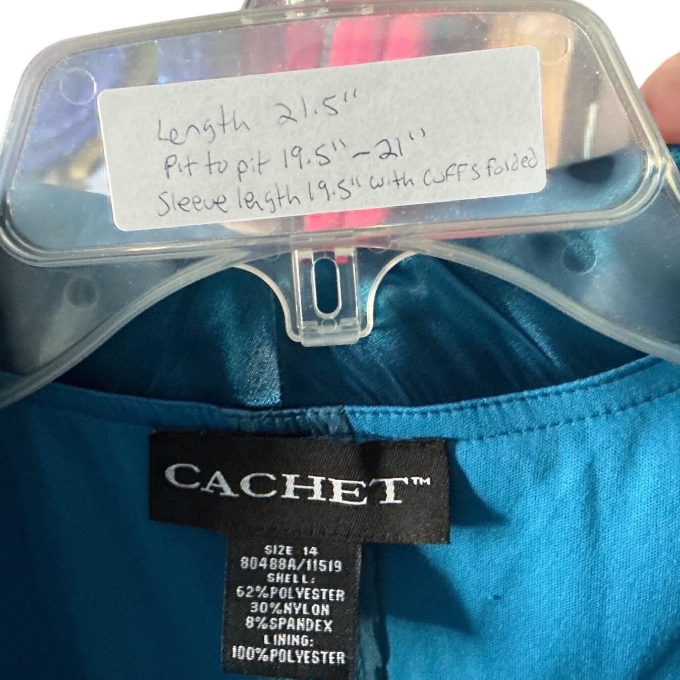 Cachet Blue Teal Satin Surplice Evening Blouse Ruched Waist 3/4 Sleeve Size 14