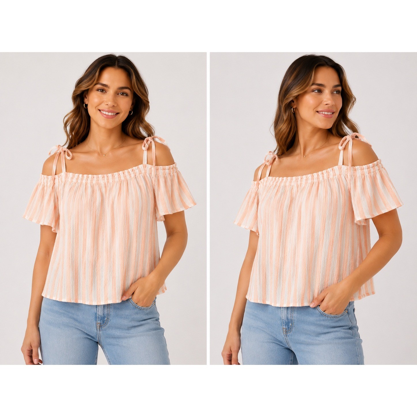 Soho Jeans New York & Company Peach White Striped Off Shoulder Tie Top XL