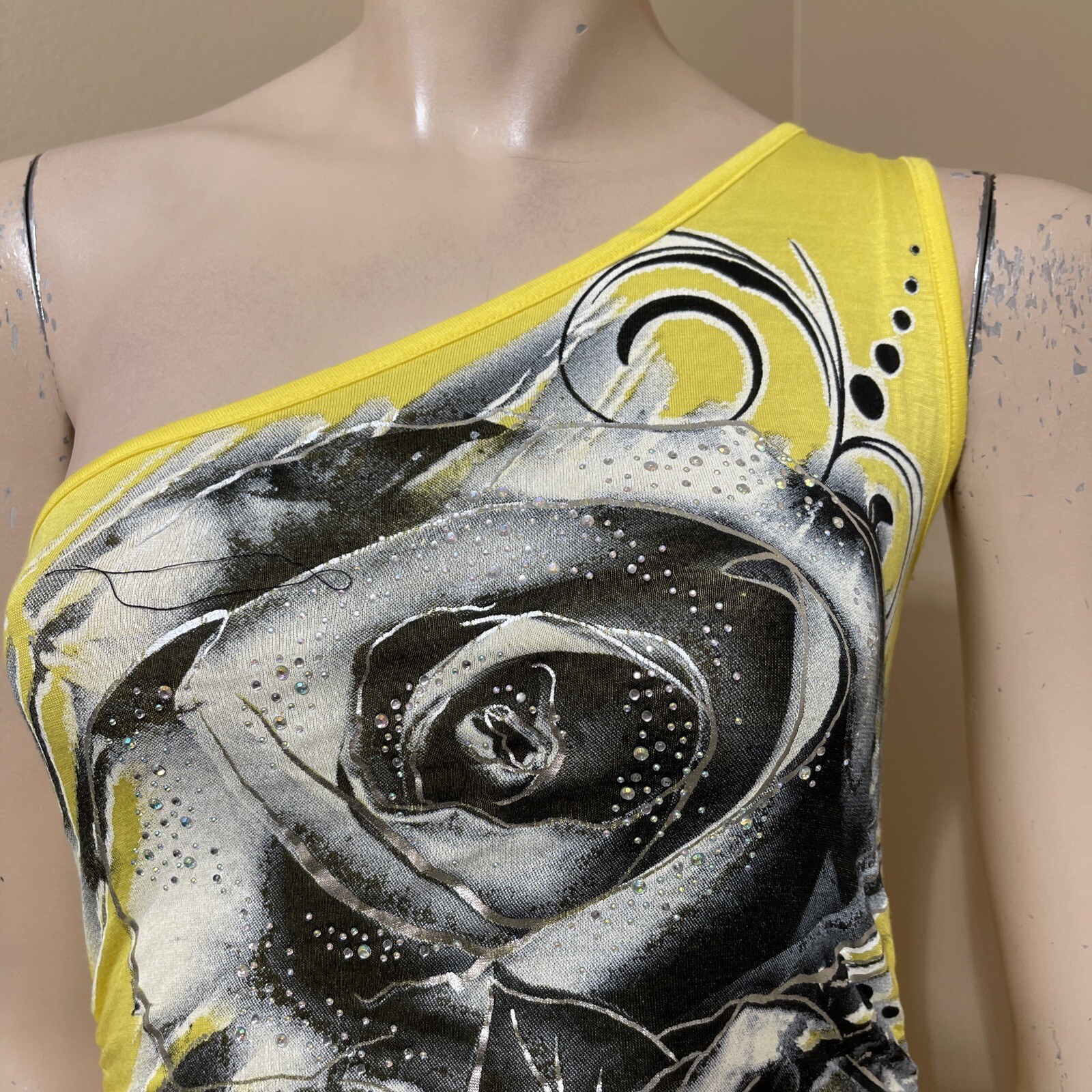 Women’s Yellow Painted Rayon Casual Summer Open Stretch Slim Size S Blouse Tunic