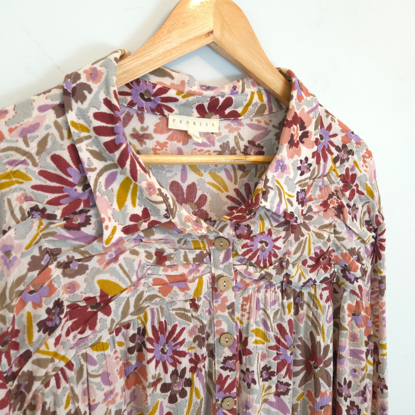 Promesa Women’s Boho Floral Print Blouse Button Front Boxy Long Sleeves Size L