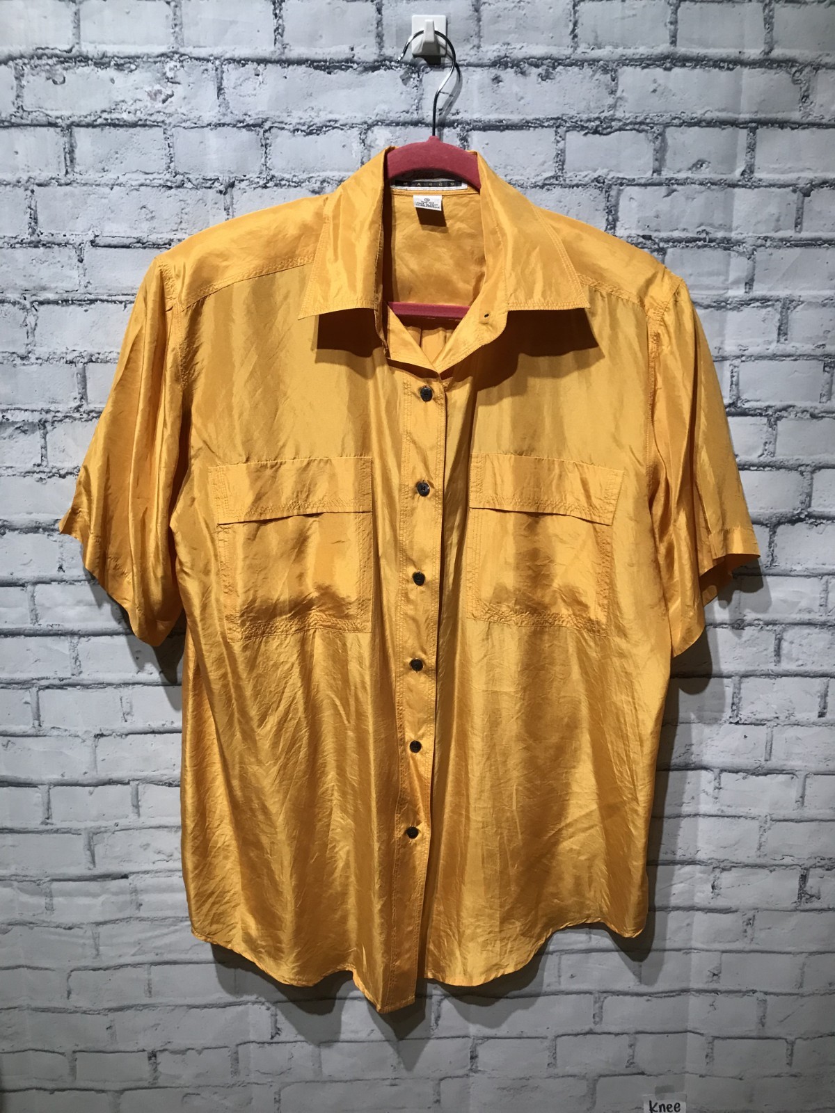 Vintage 90s, Diana Marco 14/L, Shinny Yellow 100% Silk Satin Short Sleeve Blouse