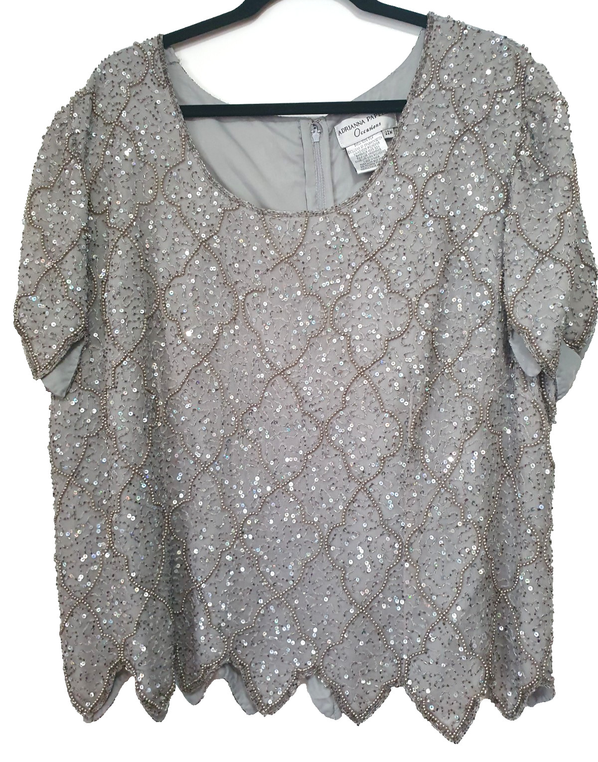 Adrianna Papell Occasions Silk Beaded Sequin Evening Top Silver Gray Size 22W