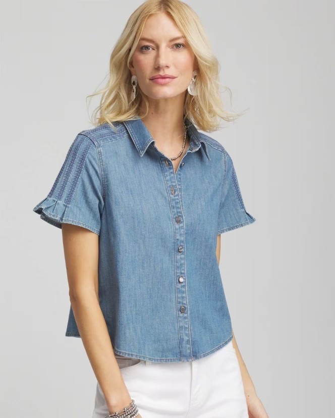 NWT Chico’s Denim Ladder Stitch Camp Blouse Shirt Blue Size 1 (8) Button Front