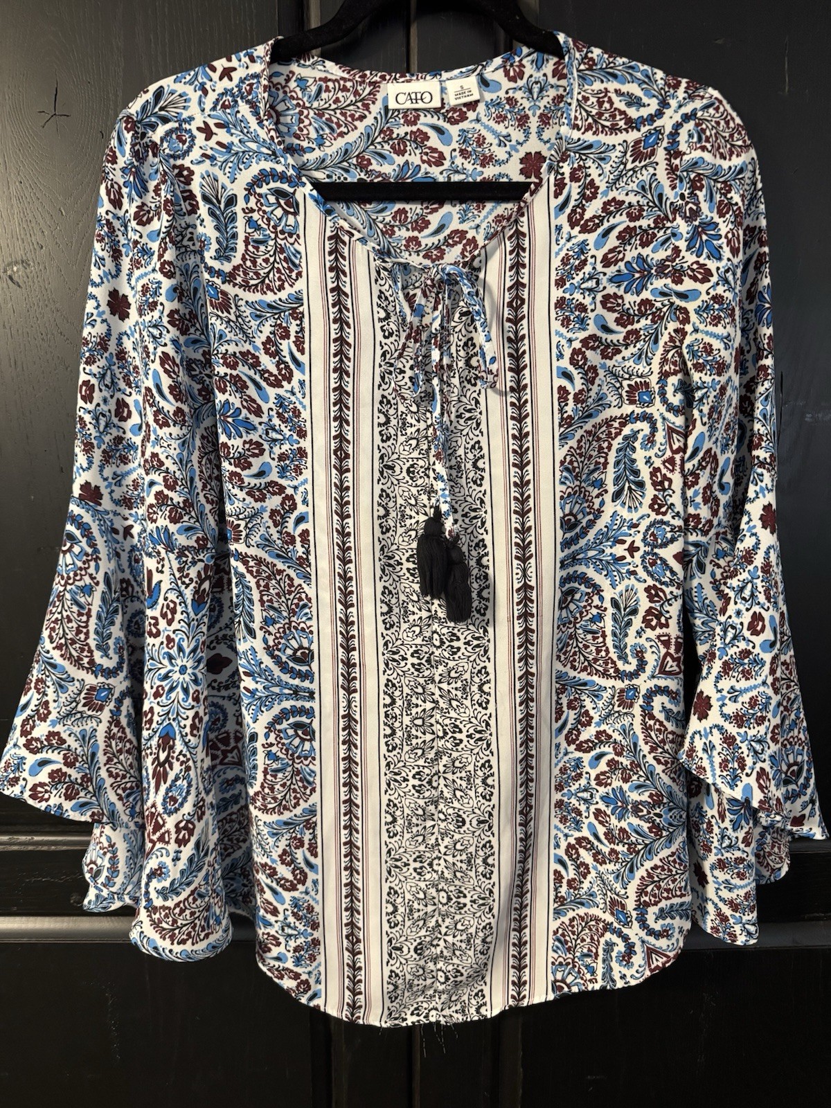 Cato Blue White Burgundy Paisley Chiffon V-Neck Tassel Bell Sleeve Blouse S