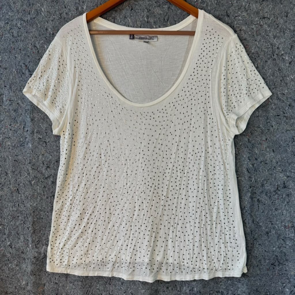 Jennifer Lopez XL White Rhinestone Scoop Neck Top Short Sleeve
