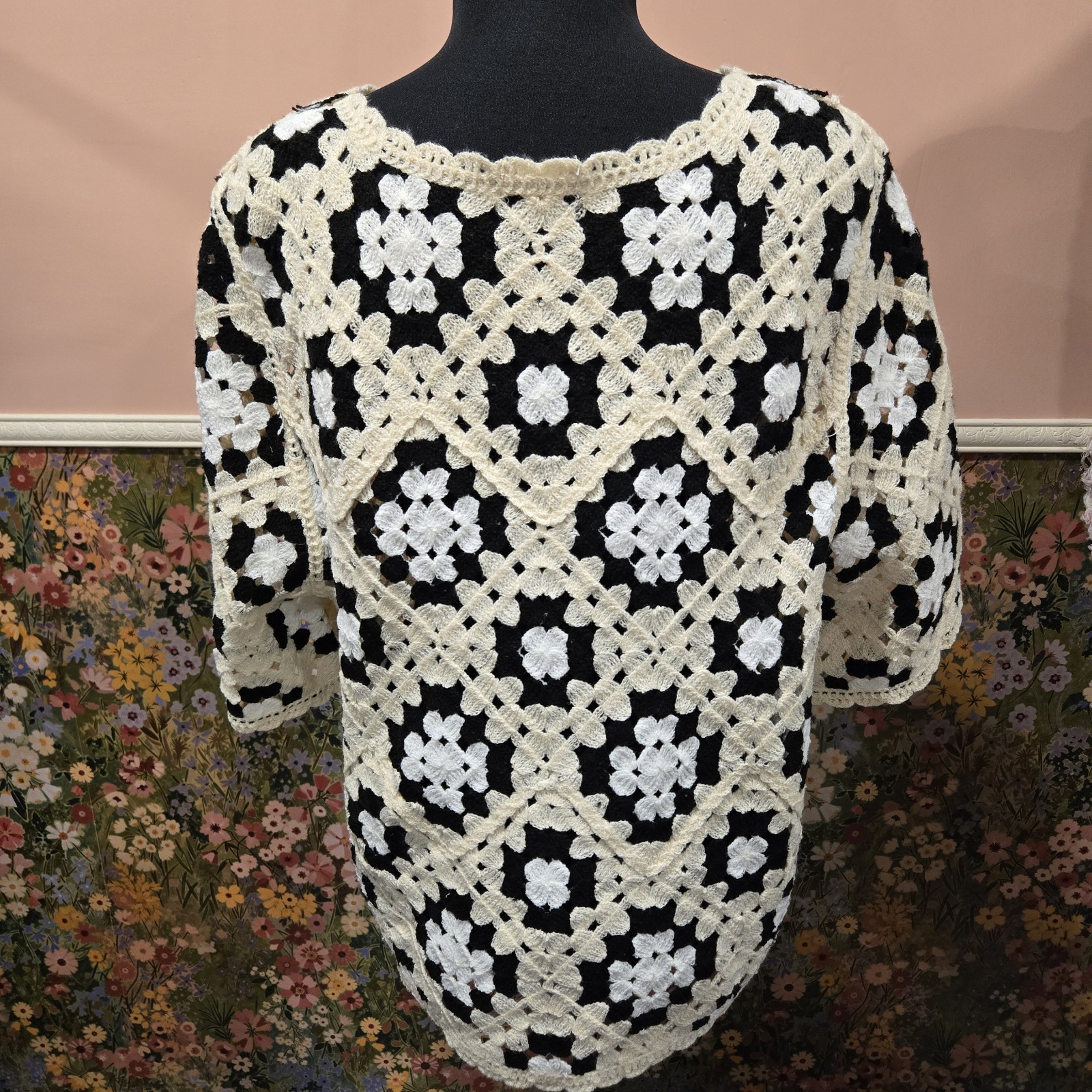 POL Crochet Granny Square Top Black Cream Oversized Boho Festival One Size NWT