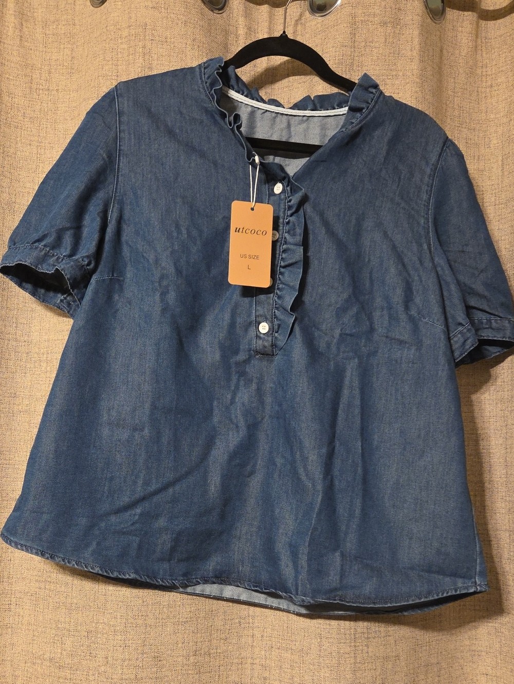 Blue Denim Ruffle Collar Top NWT