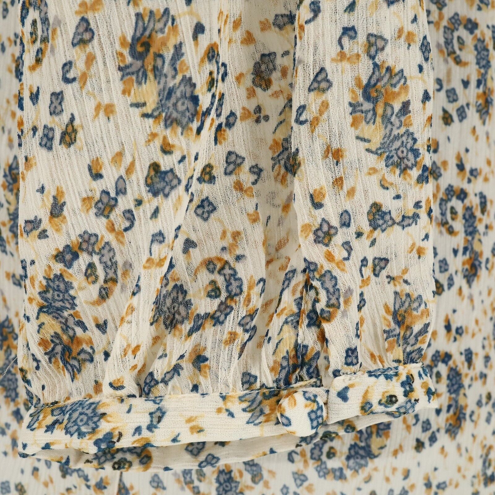 Lucky Brand Top Womens Medium Beige Blue Floral Sheer Chiffon Blouse Whimsy