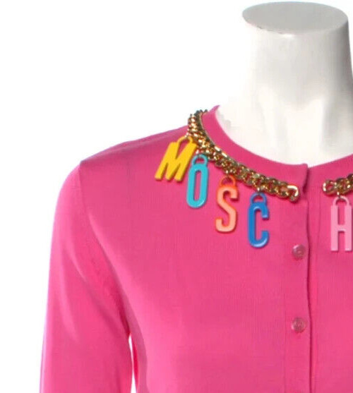 Moschino Couture BARBIE PINK Logo Letter Gold Chain Cardigan Sweater SMALL S