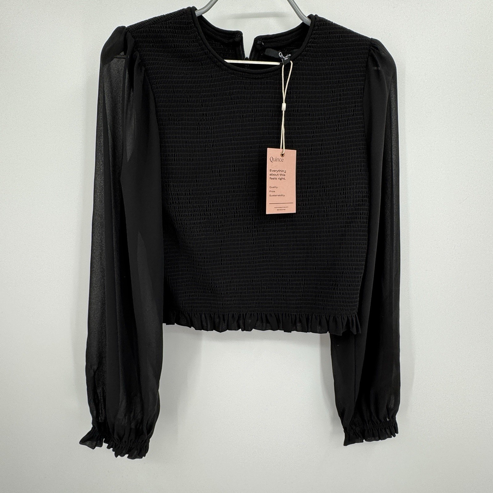 Quince Chiffon Cropped Smocked Blouse in Black size S NWT Long Sleeve Sheer Arm