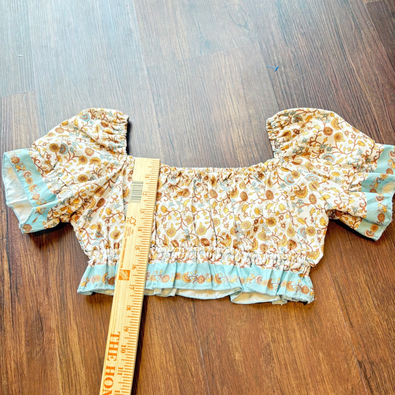 Boho Floral Smocked Crop Top Puff Sleeve Square Neck Ruffle Hem Blue Yellow