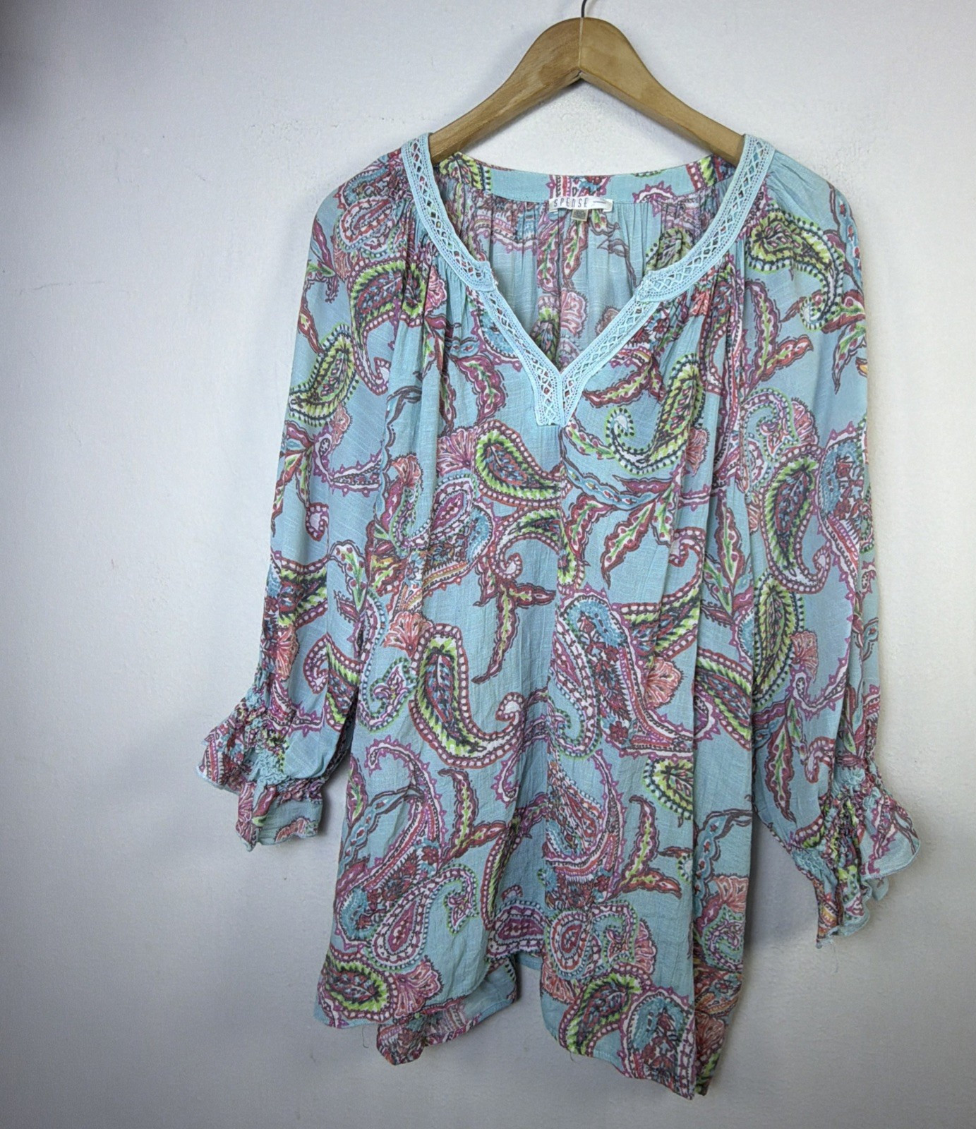 Spense Women’s 1X blue Paisley Ruffle Blouse Top bohemian western victorian