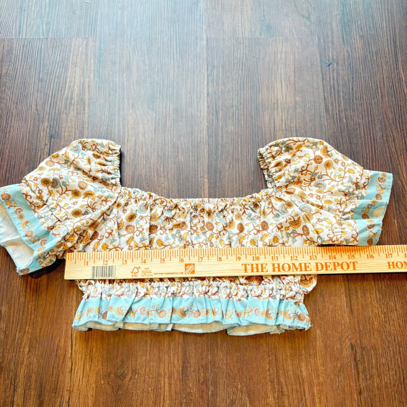 Boho Floral Smocked Crop Top Puff Sleeve Square Neck Ruffle Hem Blue Yellow