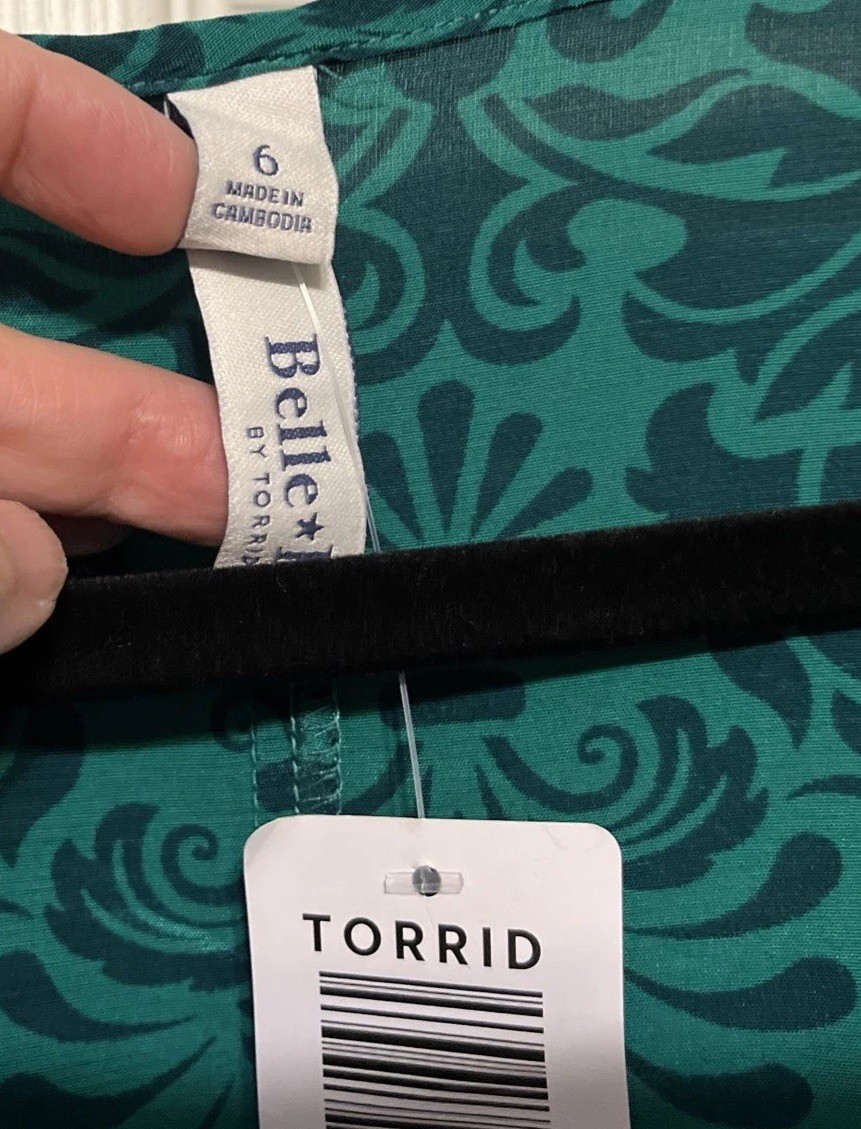 Torrid Ultramarine Green Bubble Sleeve Split Neck Damask Print Top Size 6X NWT