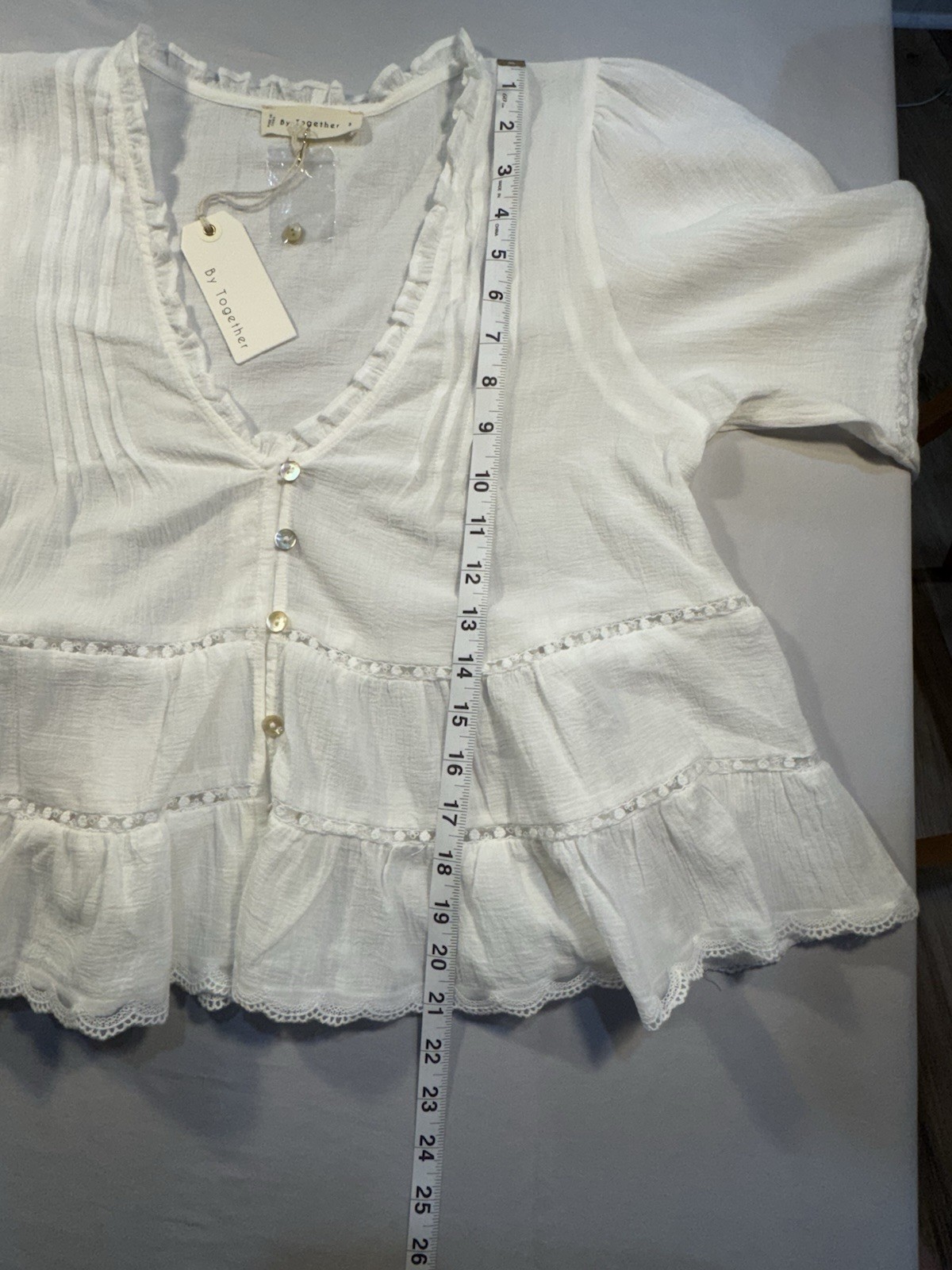 By Together Women’s White Solid V-Neck 3/4 Sleeve Peasant Ruffle Lace S