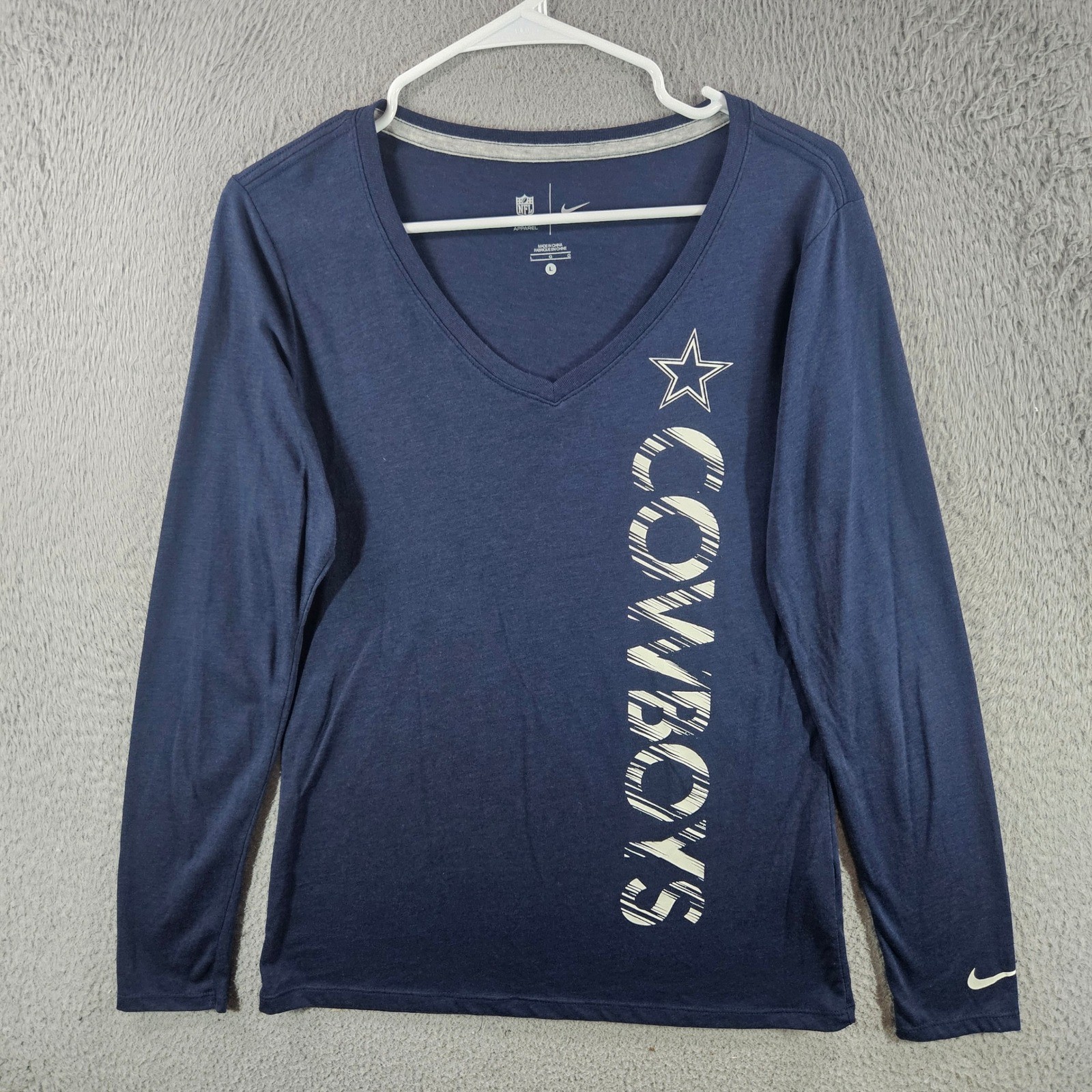 Nike Dallas Cowboys Womens Long Sleeve V-Neck T-Shirt Navy Blue Large NFL Star