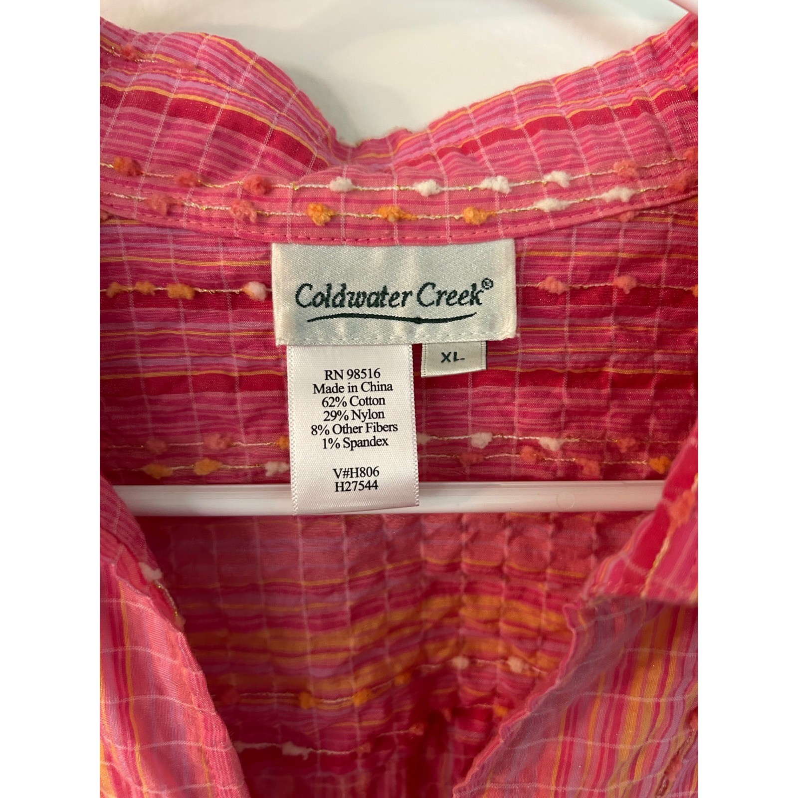 Coldwater Creek Women Pink Orange Striped Half Zip Textured Shirt XL 3/4 Sleeve