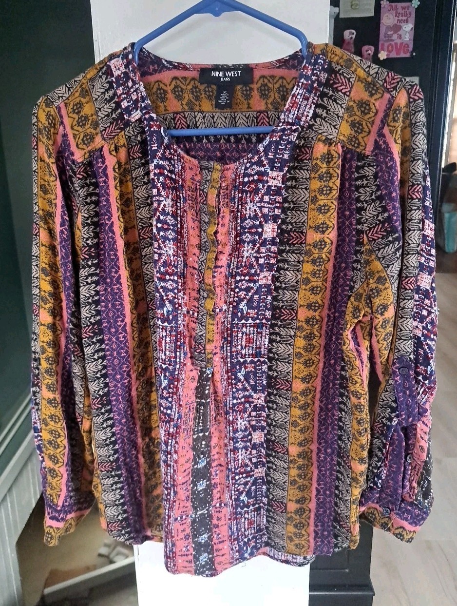 Nine West Jeans Blouse Shirt Top Women Size XL Colorful 70s Boho Retro Casual