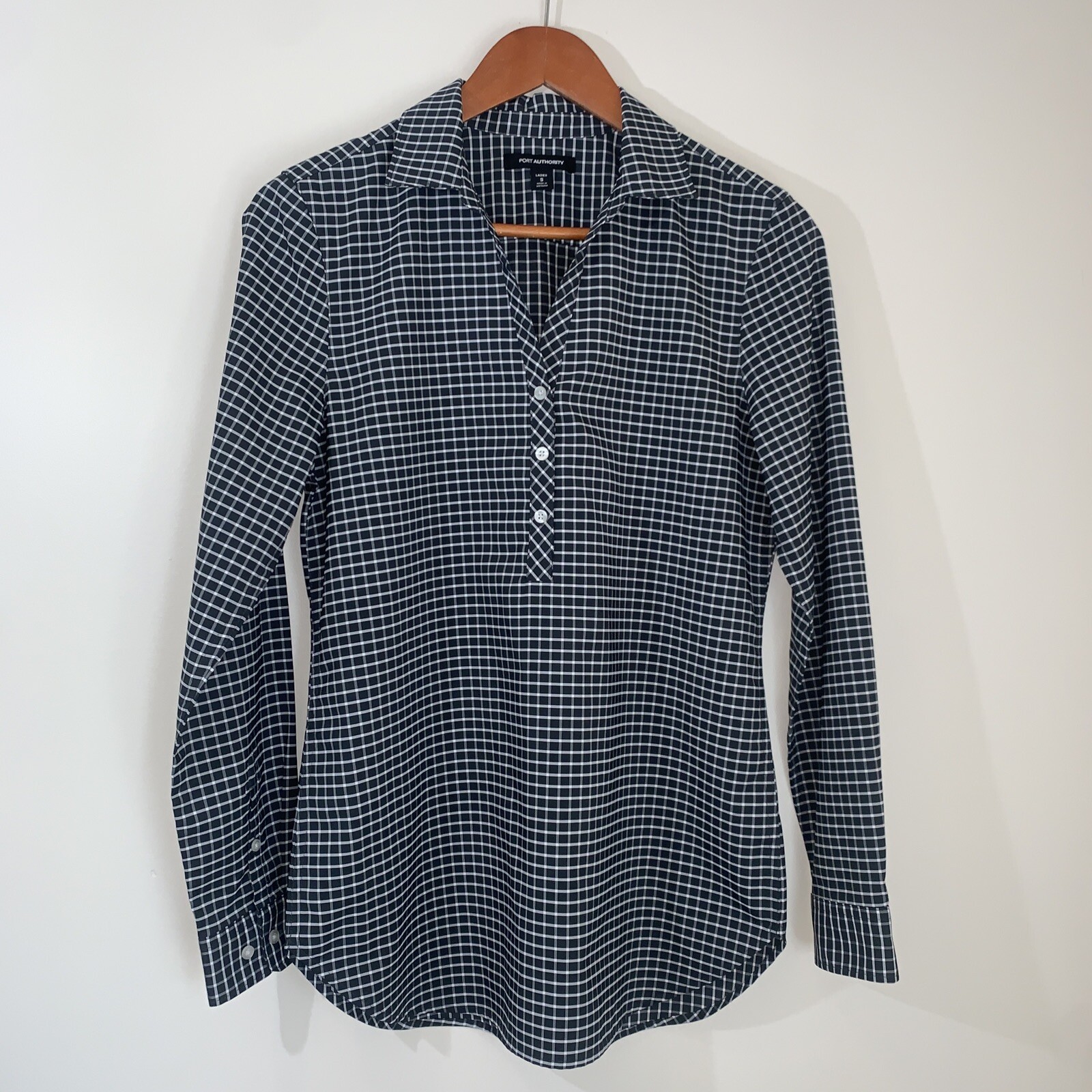 Port Authority Blouse Womens Size Small City Stretch Tunic Window Pane Check