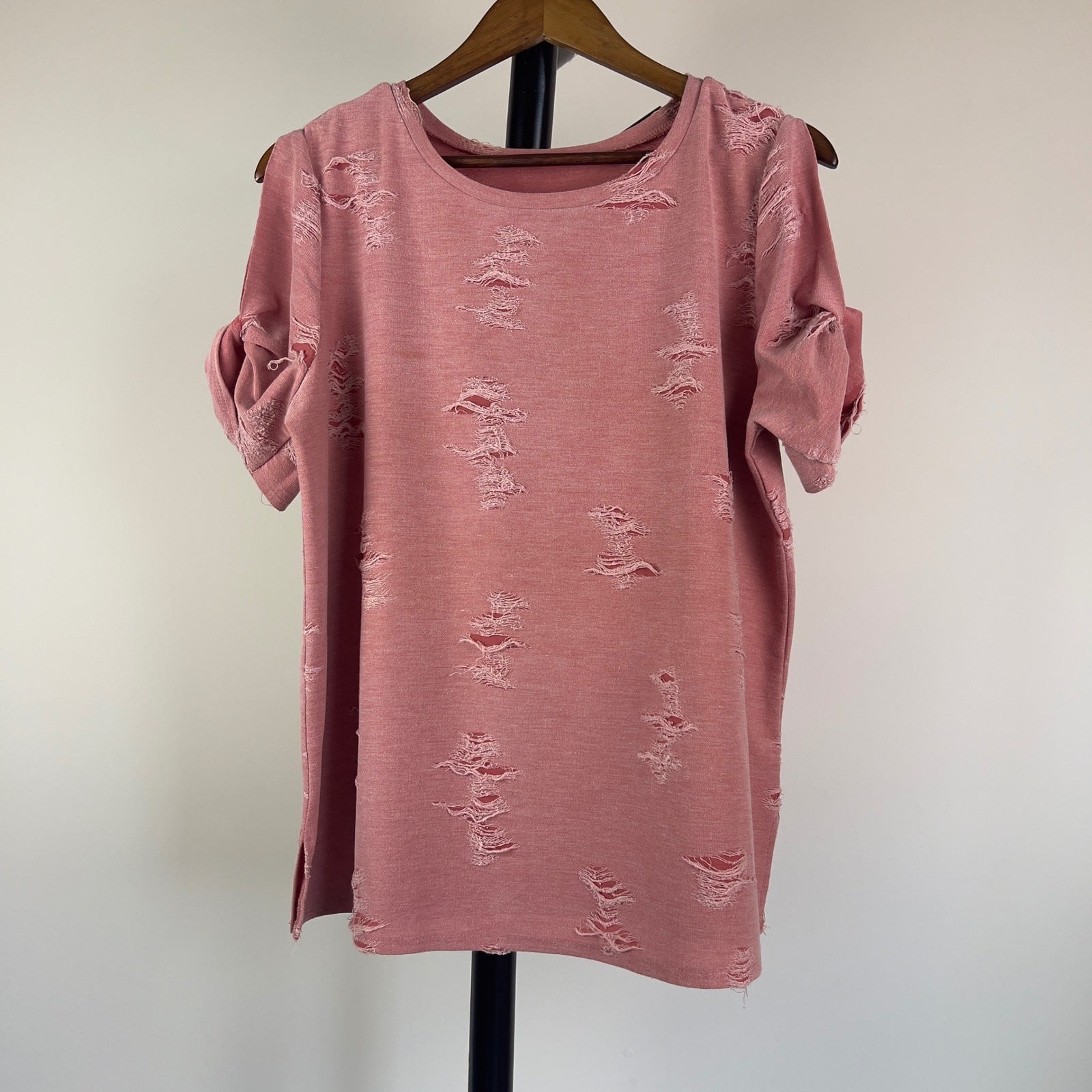 Jodifl Distressed Cold Shoulder Top Pink Ripped Knotted Sleeve Grunge Boho L
