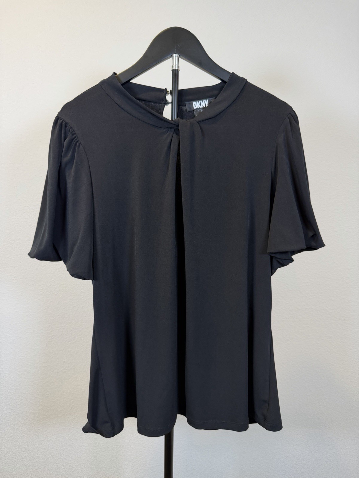 DKNY Women’s XL Black Blouse Twist Tie Front Short Sleeve Work Top