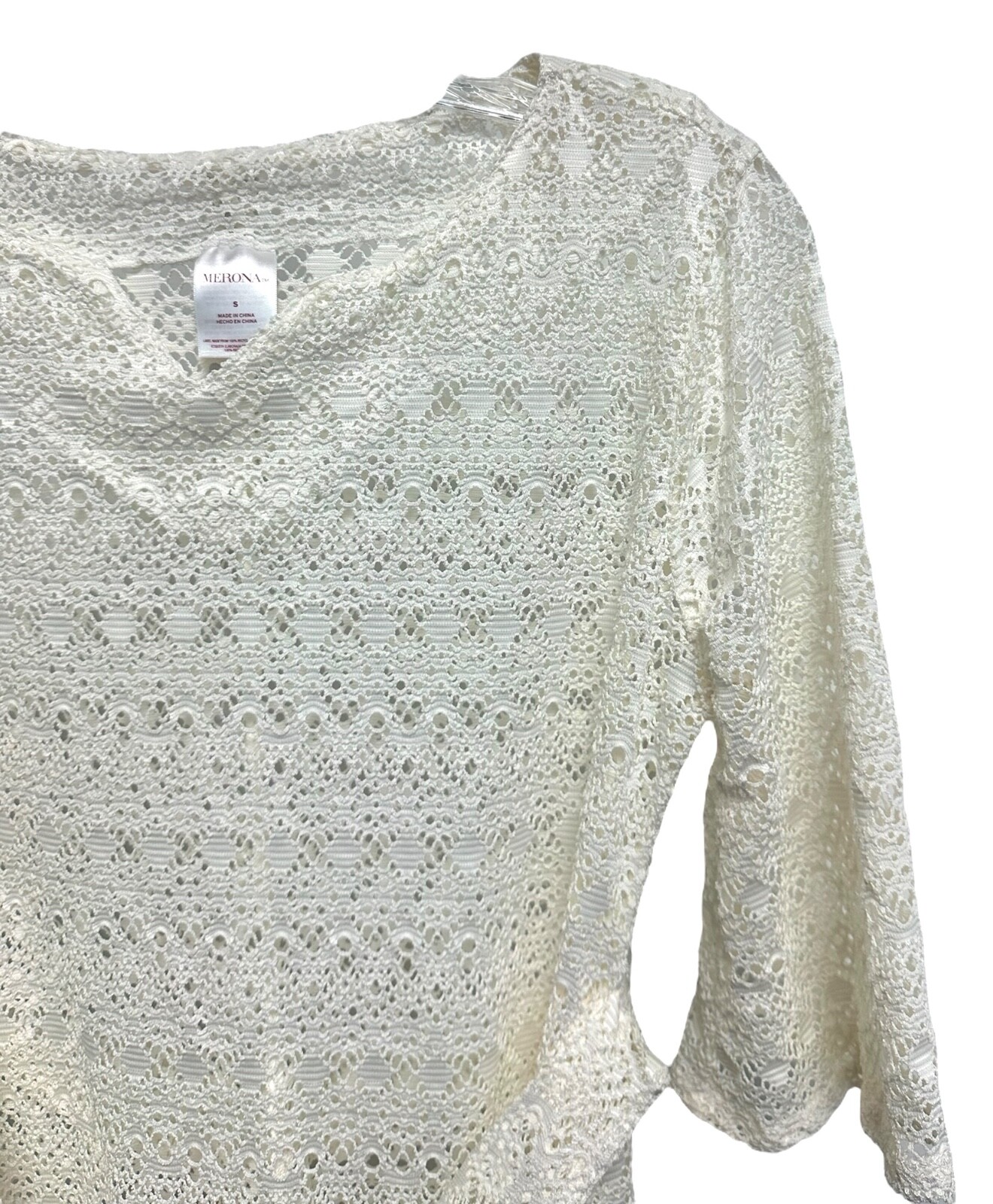 MERONA Women’s Belted Crochet Top Half Sleeve Sheer Size S Off-White