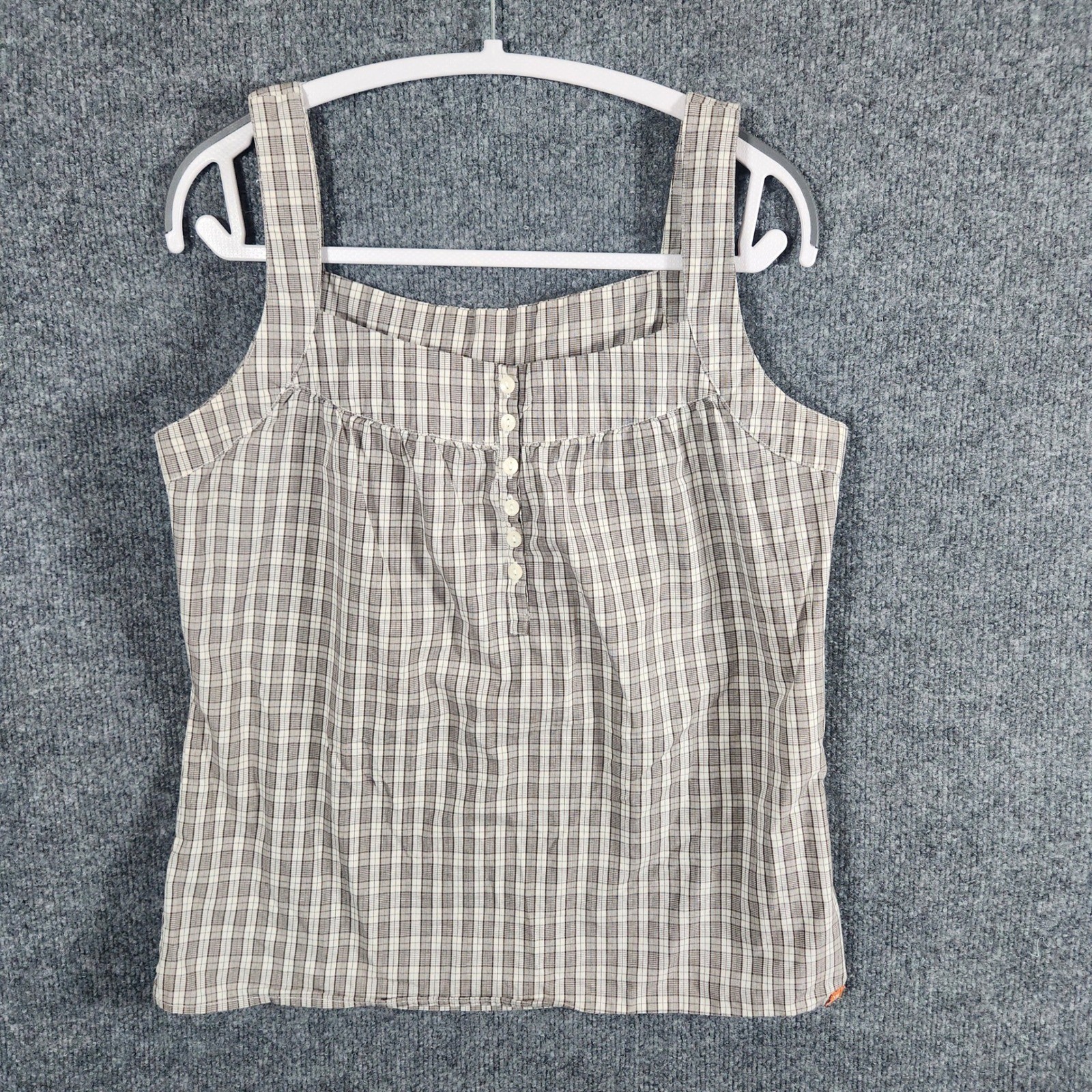 White Sierra Womens Large Plaid Tank Top Brown White Button Front Cotton Blend