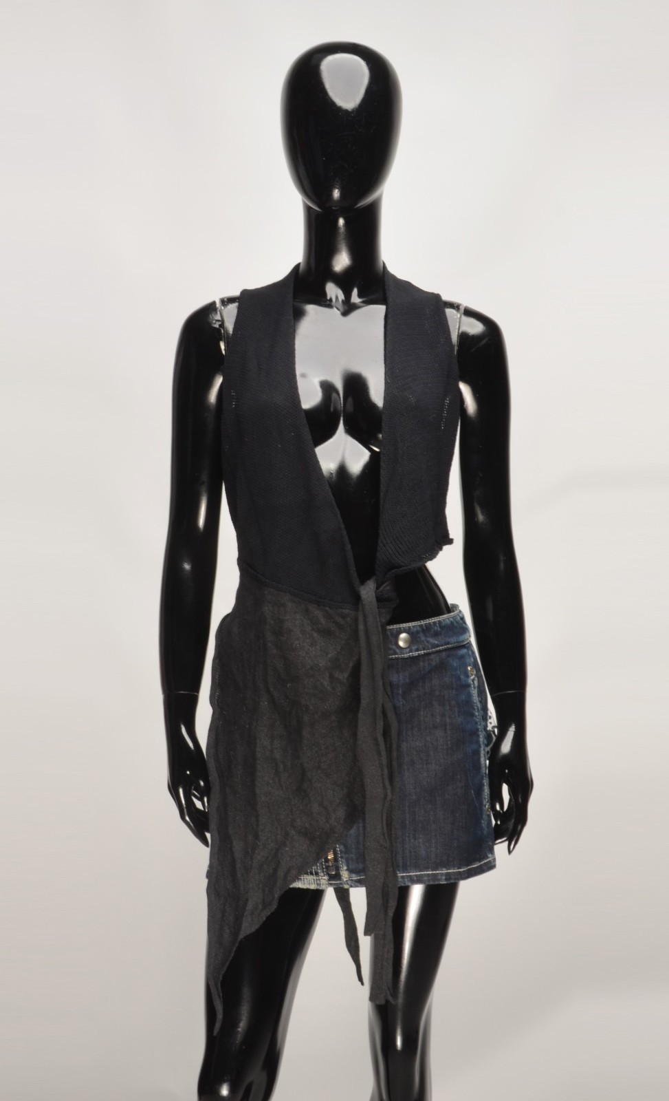 Sarah Pacini Avant Garde Grunge Black Asymmetrical Wrap Draped Top Vest OS
