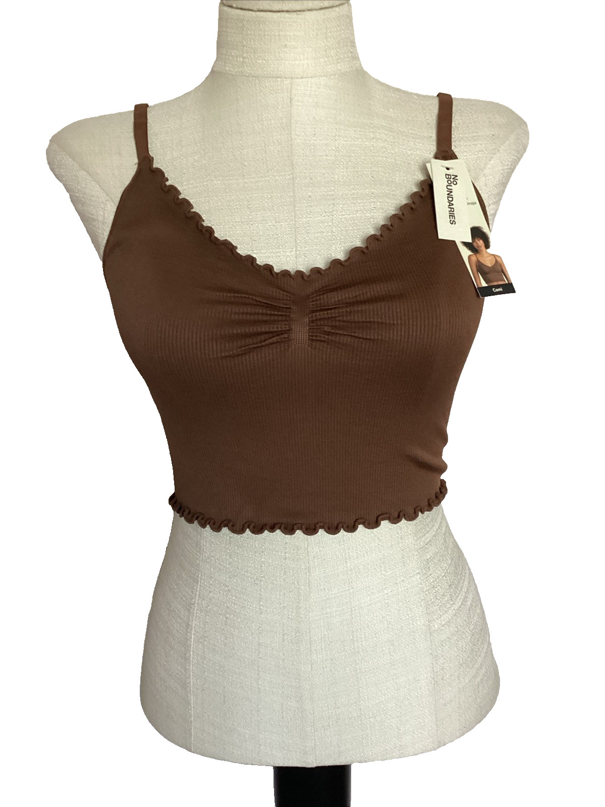 NOBO NO BOUNDARIES BROWN LETTUCE EDGE RIB KNIT CROP CAMI Sz. Jr. XL*