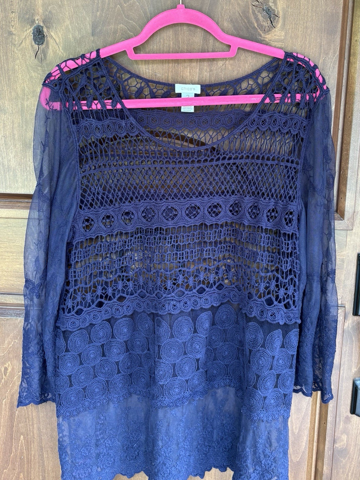 Chico’s Mesh Crochet Tunic Top Navy Blue Size 2 Large
