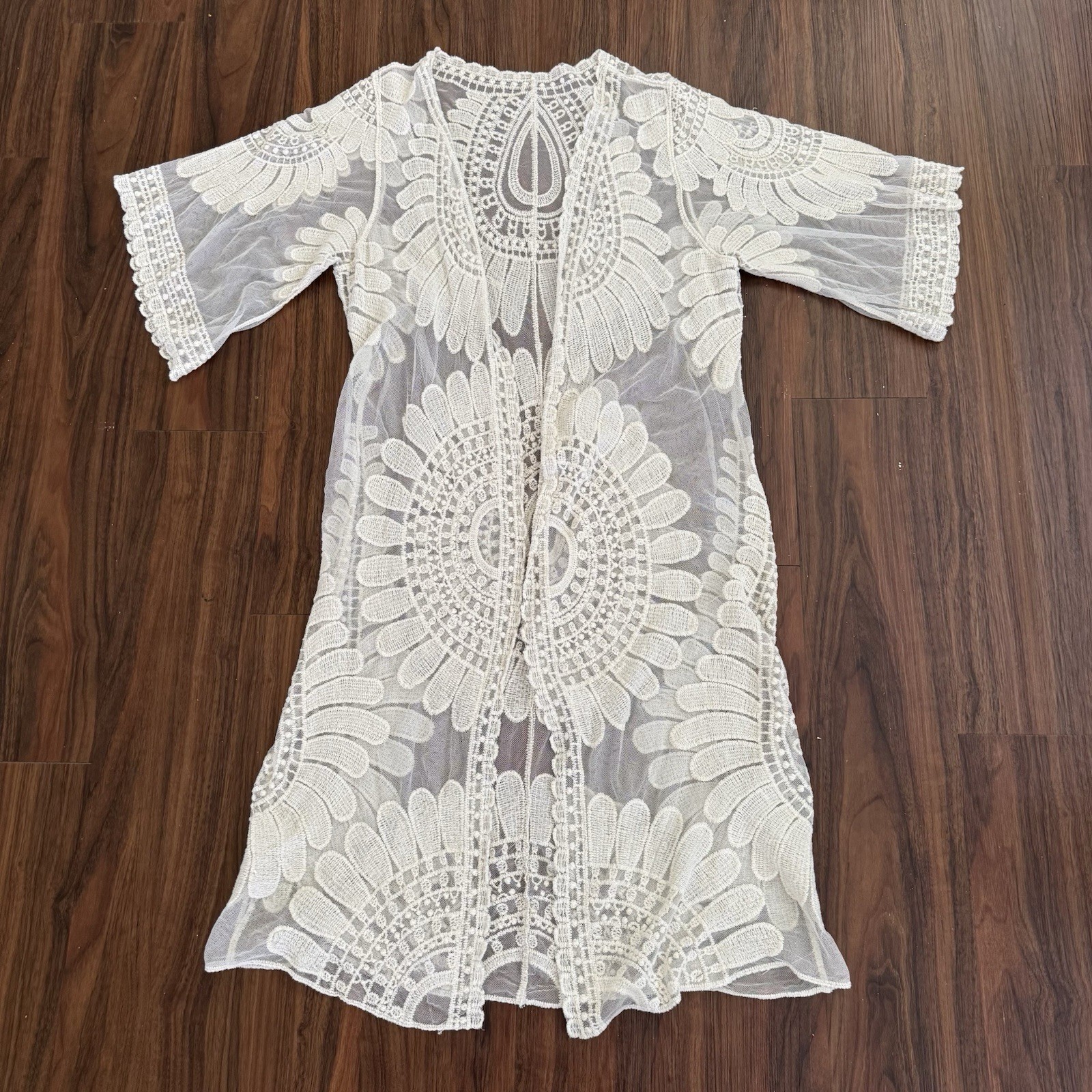 Ivory Cream SM/Med Floral Sheer Duster Kimono Boho Festival Open Front Cover Up