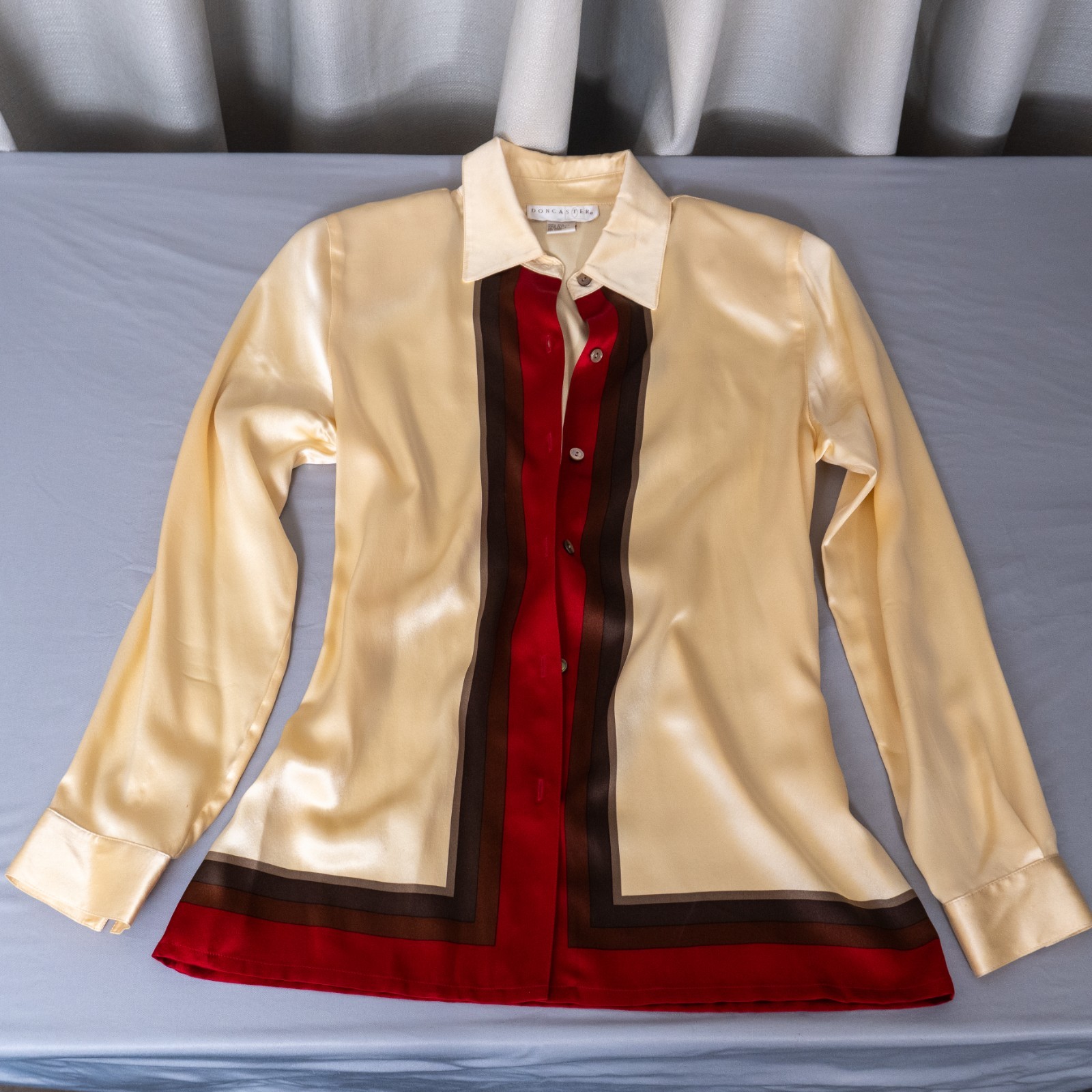100% Silk Doncasters Women’s Button Up Ivory with Red Accents
