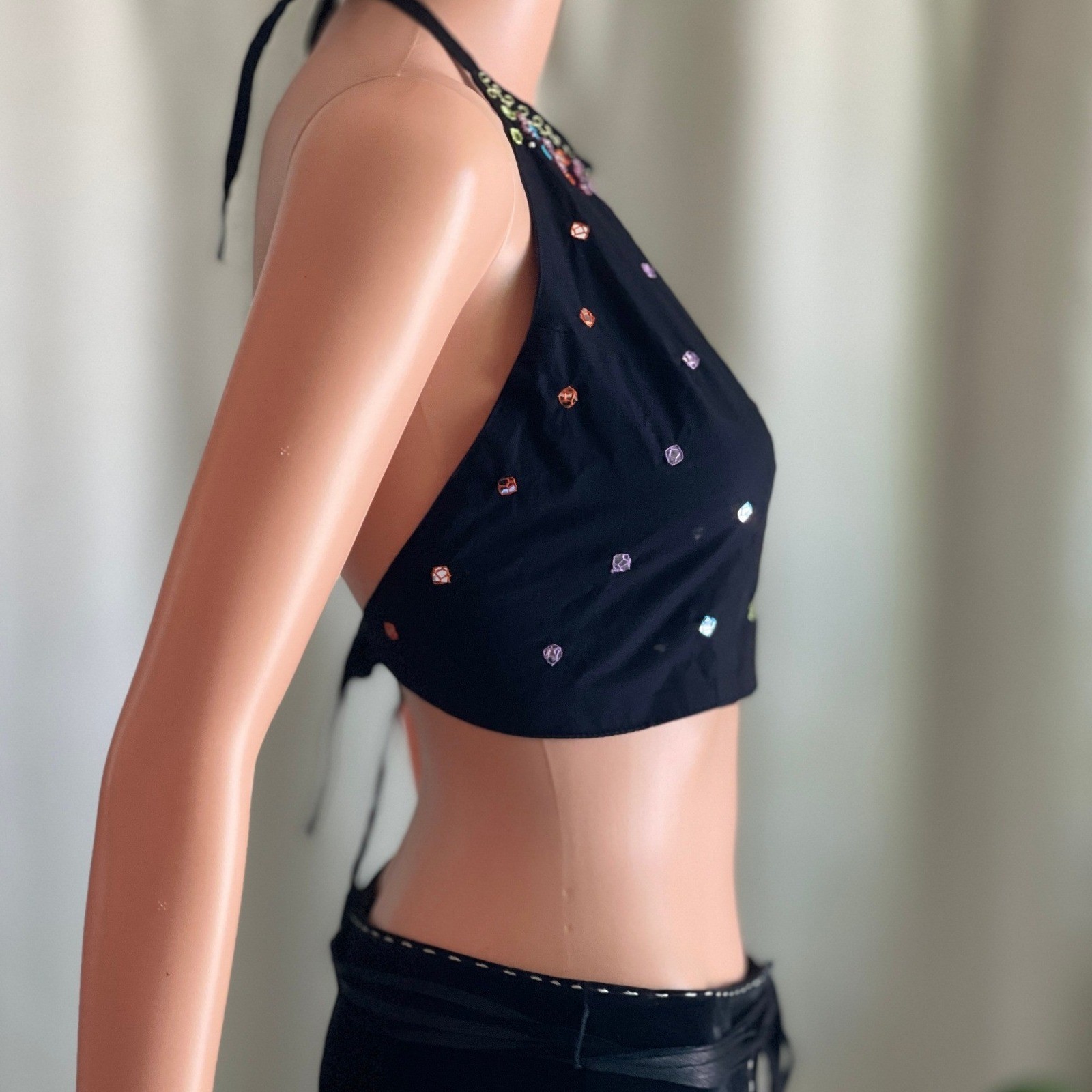 Black Cotton Halter Crop Top Mirror Beaded Embellished Boho Hippie Festival OS