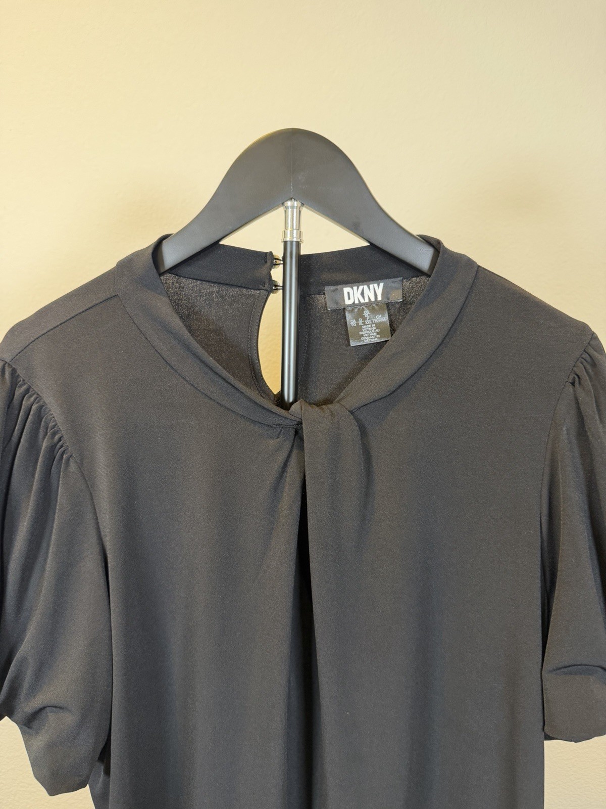 DKNY Women’s XL Black Blouse Twist Tie Front Short Sleeve Work Top