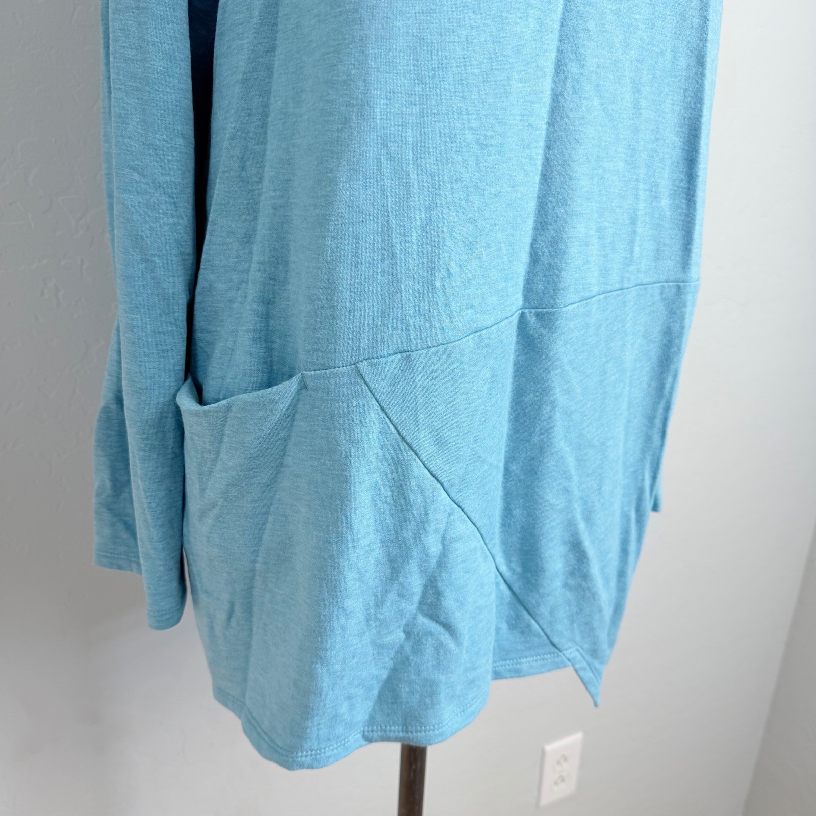 Pure Jill Luxe Tencel Blue Funnel Neck Asymmetric Hem Tunic Top Large L Pockets