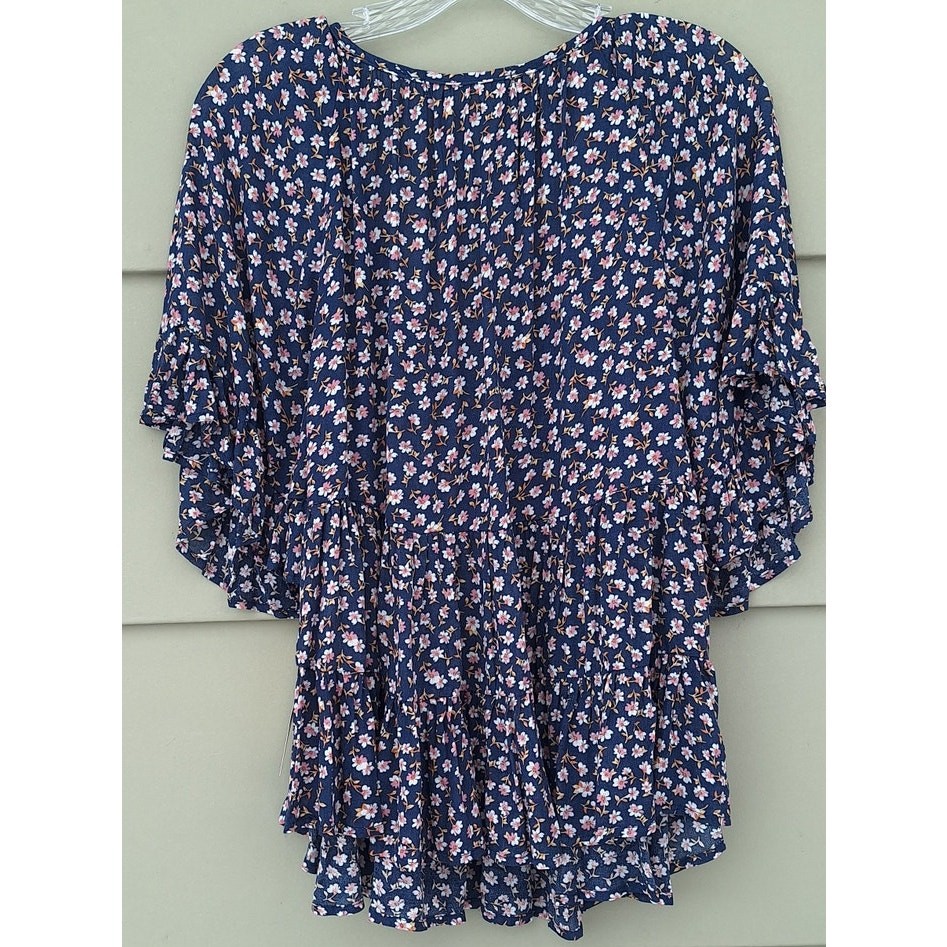Rewind Tiered Ruffle Flutter Sleeve Cottage Boho Blouse Top Blue Floral M Rayon